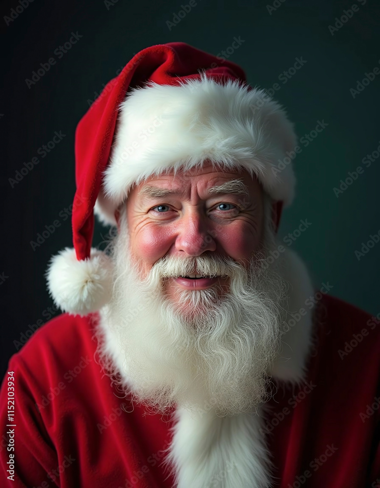 Naklejka premium A smiling man with a red hat and white beard is wearing a red Santa suit. He is posing for a picture