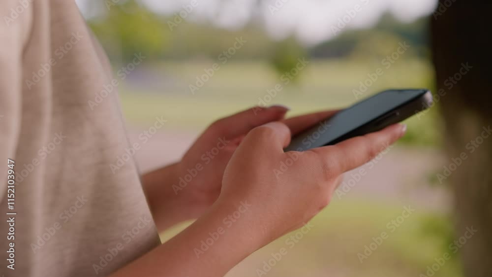 Close-up of individual s hand typing on smartphone with focus on hands, set against a naturally blurred green background with unclear figures in the distance