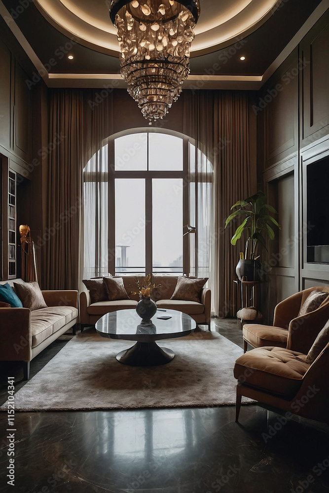 Fototapeta premium Living Room Interior with Arched Window, Sofas, and Chandelier
