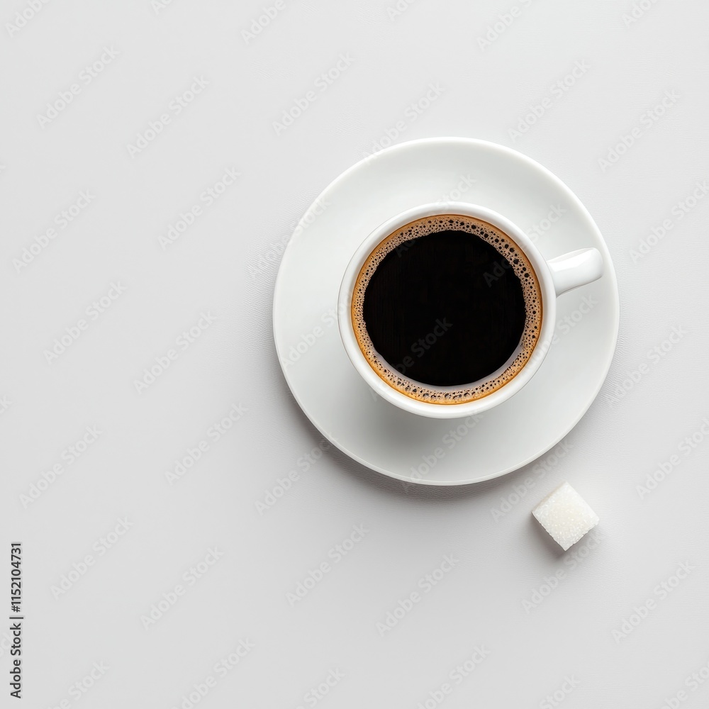 A Simple and Elegant View of Black Coffee in a White Cup Surrounded by a Sugar Cube on a Soft Grey Background for Minimalist Aesthetic A Simple and Elegant View of Black Coffee in a White Cup Surrounded by a Sugar Cube on a Soft Grey Background for Minimalist Aesthetic