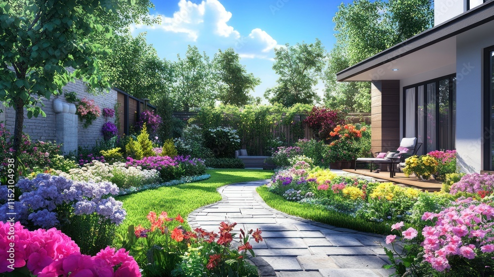 Fototapeta premium A clean minimalist house and a small, lush garden. The yard is filled with colorful flowers, a stone path, background wallpaper AI generated image