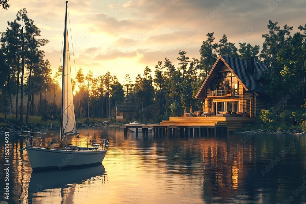 Fototapeta premium 3D rendering of a sailboat docked at a wooden cabin on a lake, surrounded by pine trees