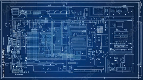 A detailed blueprint of a semiconductor microchip design, showing labeled circuits and components in a schematic layout