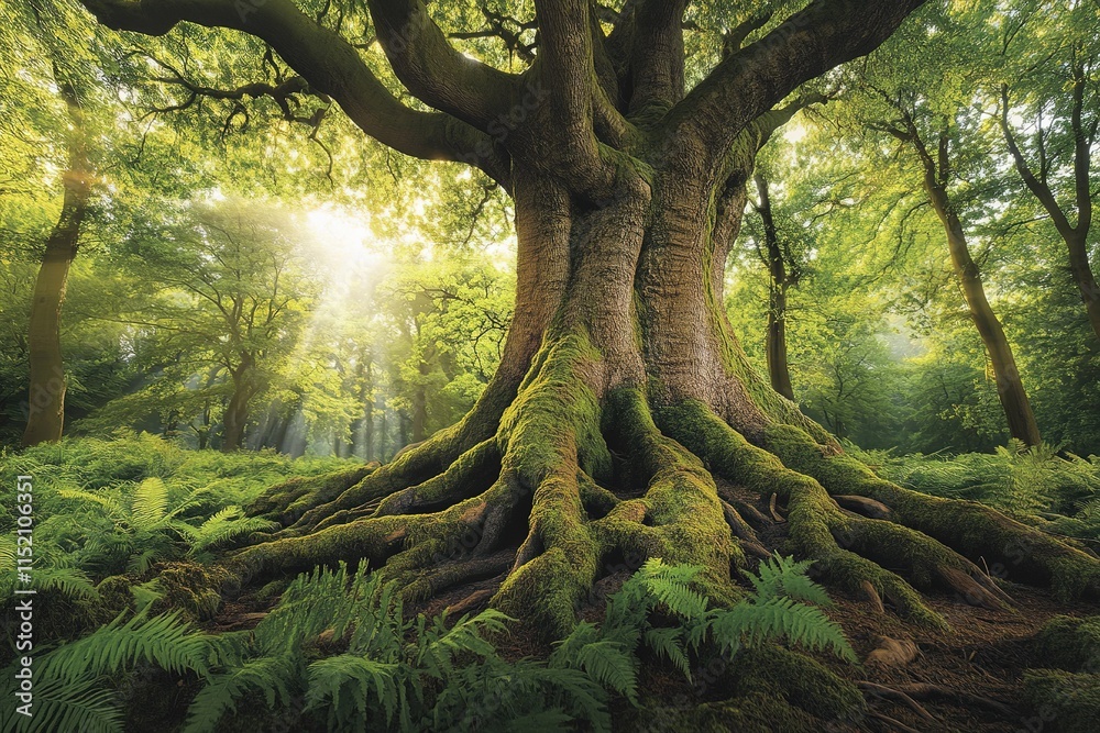 Majestic tree with sprawling roots stands tall amidst vibrant gr Majestic tree with sprawling roots stands tall amidst vibrant gr
