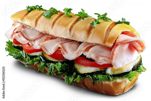 An angled view of a submarine sandwich packed with vegetables, flavorful meats, and melted cheese against a white background. For fast food themes. photo