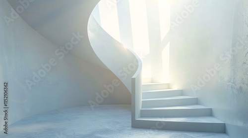 An ethereal stairway ascending into a luminous minimalist architectural passage creating a sense of mystery and wonder  The clean geometric design and patterns along with the bright airy atmosphere photo