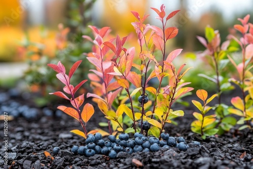 Blueberry plants cultivated in garden Vaccinium angustifolium ripening lowbush blueberries closeup, Generative AI photo