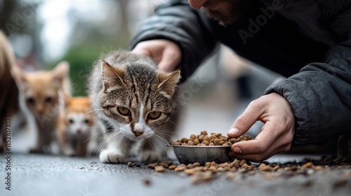 A person feeding a group of stray cats with dry food on a street, focusing on a tabby cat approaching the bowl