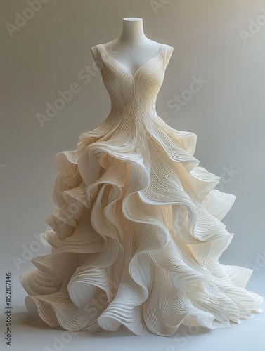 A luxurious cream-colored wedding gown with a pleated and ruffled design. Ideal for brides seeking a dramatic yet elegant look.