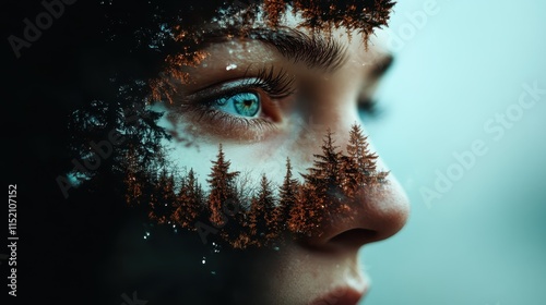 A captivating double exposure of a human eye seamlessly merging with an enchanting forest, creating a fusion of human emotion and the beauty of wilderness. photo