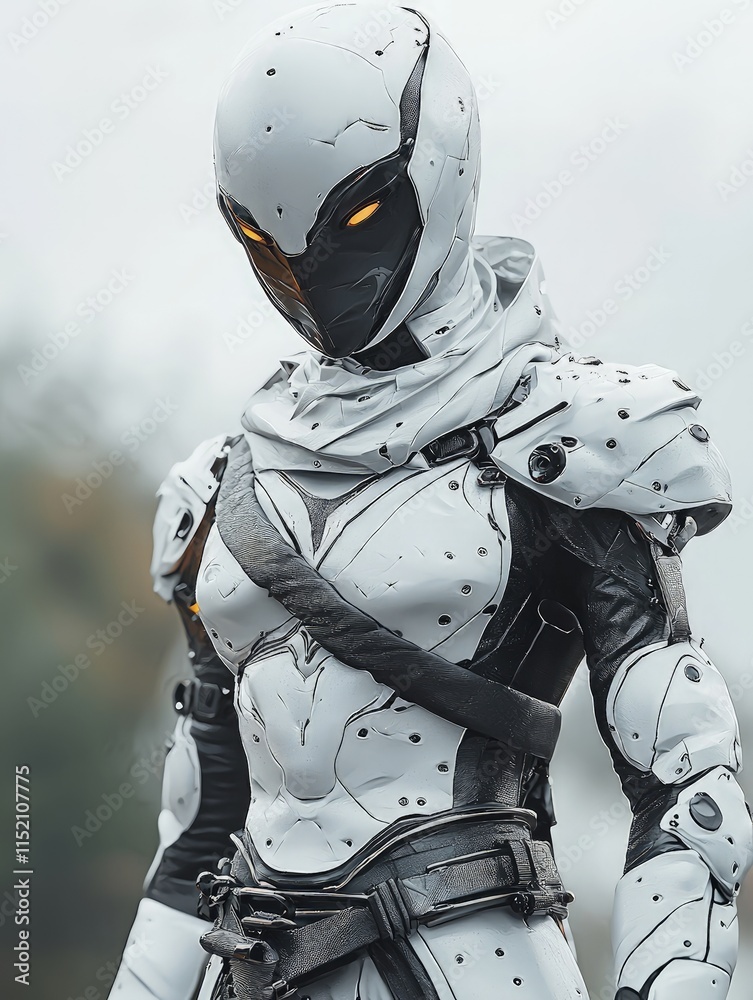 A futuristic warrior in white armor with glowing eyes. Ideal for sci-fi games, movies, or book covers. A futuristic warrior in white armor with glowing eyes. Ideal for sci-fi games, movies, or book covers.