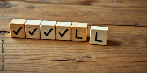 Wooden Blocks Spelling VVL with Checkmarks and One Block Spelling L on a Wooden Surface photo