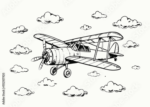 Airplane Flying Above Clouds. vector cartoon illustration isolated on white background