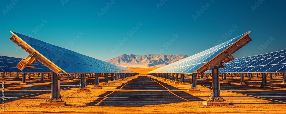 Fototapeta premium A vast solar farm with rows of solar panels under a clear blue sky, showcasing renewable energy amidst a desert landscape.