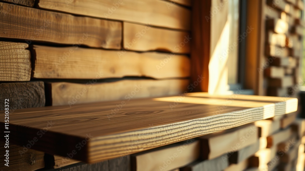 A rustic wooden shelf with a natural woodgrain pattern, set against a backdrop of stacked wooden planks, creating a warm and inviting ambiance. A rustic wooden shelf with a natural woodgrain pattern, set against a backdrop of stacked wooden planks, creating a warm and inviting ambiance.