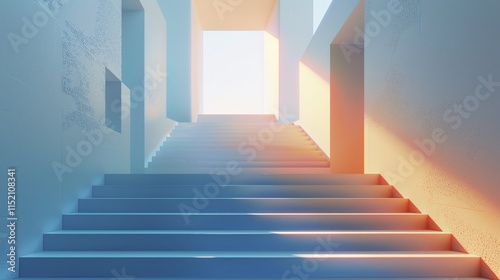 Minimalist staircase in a bright airy architectural passage with clean lines and geometric patterns suggesting an upward journey growth and new opportunities