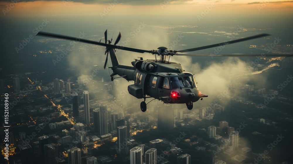 Night Flight over Cityscape: Military Helicopter Night Flight over Cityscape: Military Helicopter