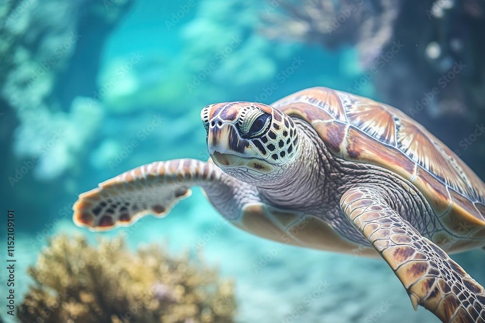 Fototapeta premium Graceful sea turtle gliding through crystal-clear waters, surrou