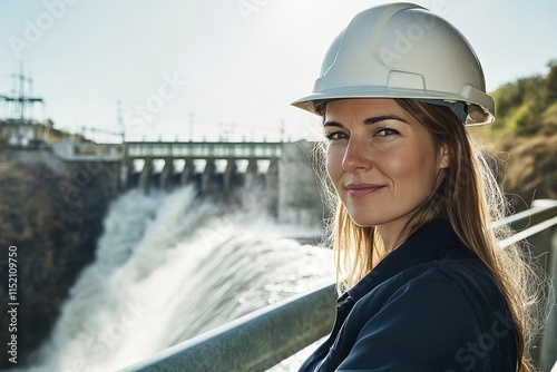 Confident woman in hard hat oversees powerful waterfall at hydro