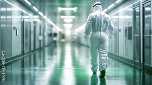 A scientist in a cleanroom suit walks down a sterile corridor with bright overhead lights and reflective flooring