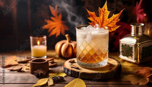 fall autumn old-fashioned cocktail with autumn leaves and mild in the history