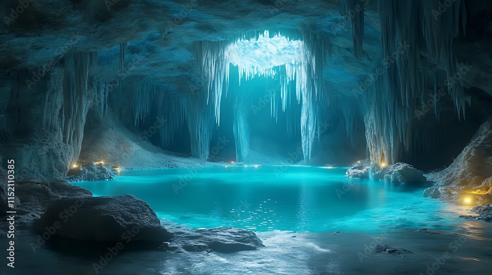 Enchanting ice cave with glowing blue water and stalactites. Enchanting ice cave with glowing blue water and stalactites.