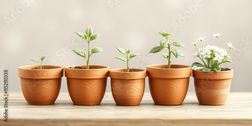 A row of terracotta pots with different sized plants and flowers, showing the growth stages from seed to bloom