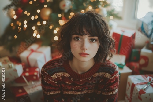 A young woman in a festive sweater sits in front of a decorated Christmas tree surrounded by wrapped gifts