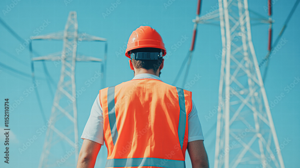 Ground-level view of powerline maintenance worker inspecting high voltage lines safely Ground-level view of powerline maintenance worker inspecting high voltage lines safely