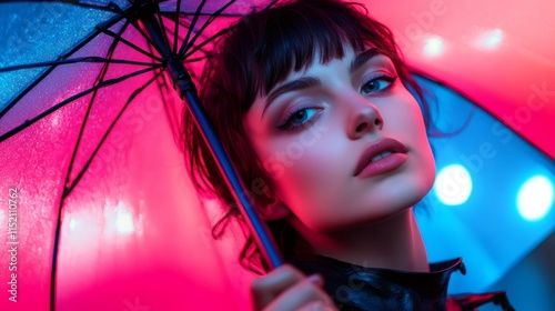 neon portrait art, a woman holds a neon umbrella, bathed in glowing blue and pink light, for a lively and striking portrait scene photo