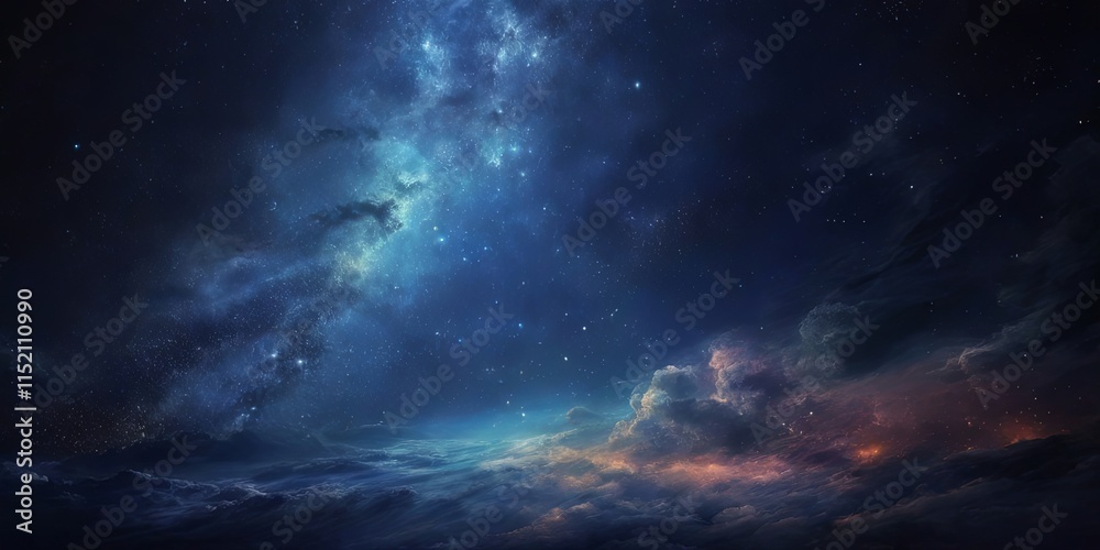 Fototapeta premium Starry night sky with clouds and vibrant colors over a calm landscape