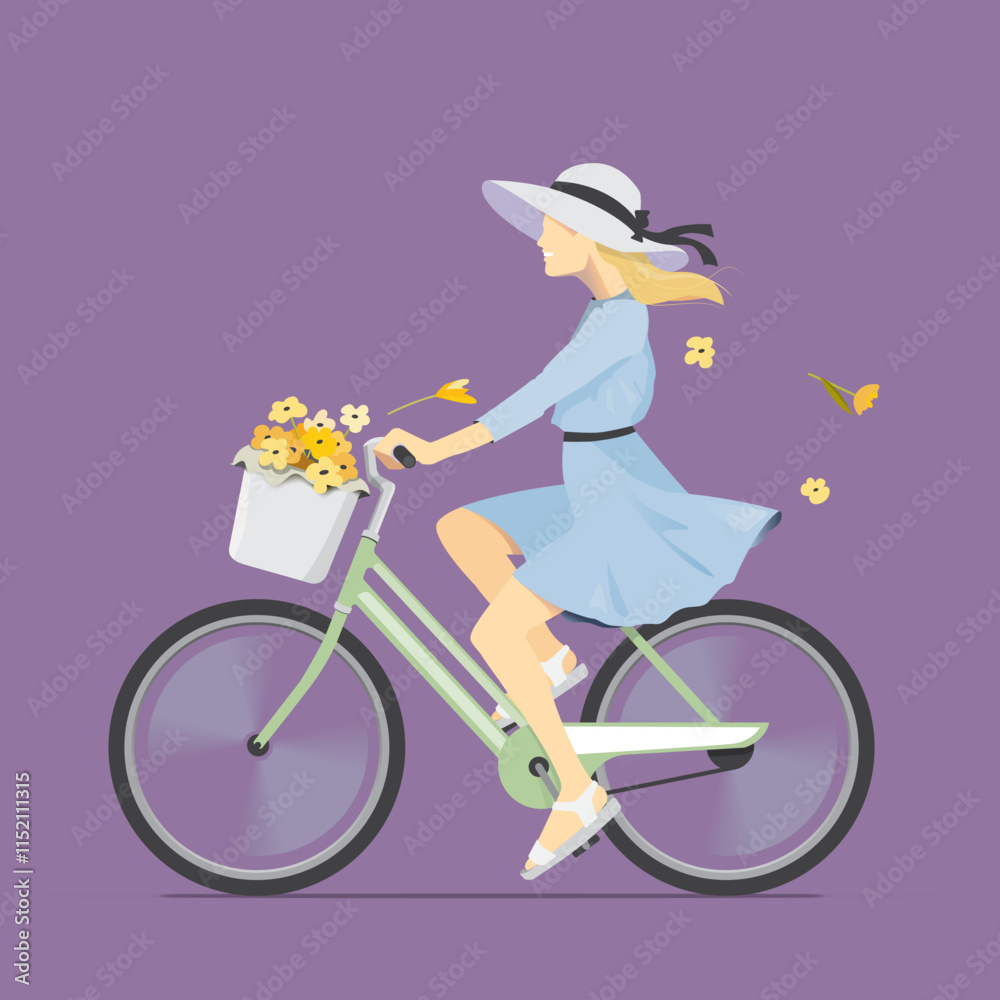 Young Woman wearing a Spring dress and Sun Hat Riding a bike with flowers in the basket Young Woman wearing a Spring dress and Sun Hat Riding a bike with flowers in the basket