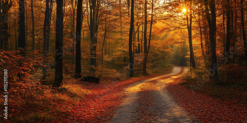 A path through an autumn foresst. Peaceful, calm nature background. photo