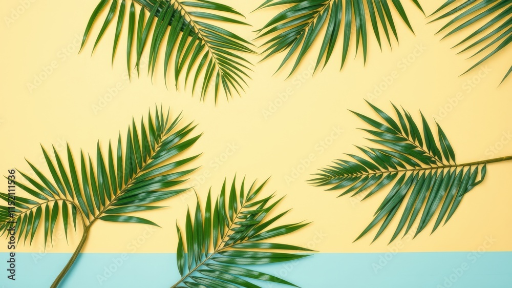 A vibrant arrangement of palm fronds against a backdrop of yellow and blue, evoking a tropical paradise. A vibrant arrangement of palm fronds against a backdrop of yellow and blue, evoking a tropical paradise.