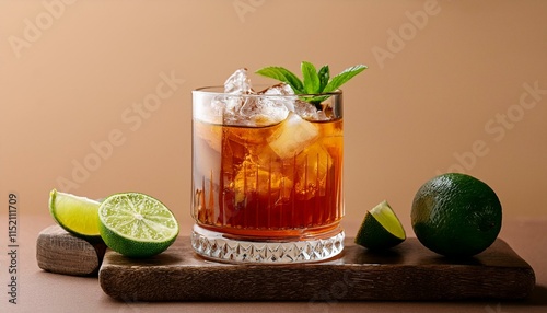robust alcoholic cocktail drink with craft rum sugar syrup and lime beige background
