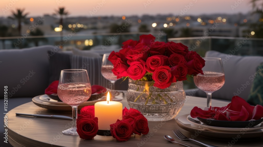 Romantic Dinner Table Setting with Roses and City Lights Romantic Dinner Table Setting with Roses and City Lights