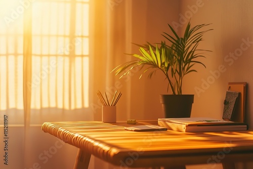 Sunlight bathes cozy workspace, highlighting green plant and woo photo