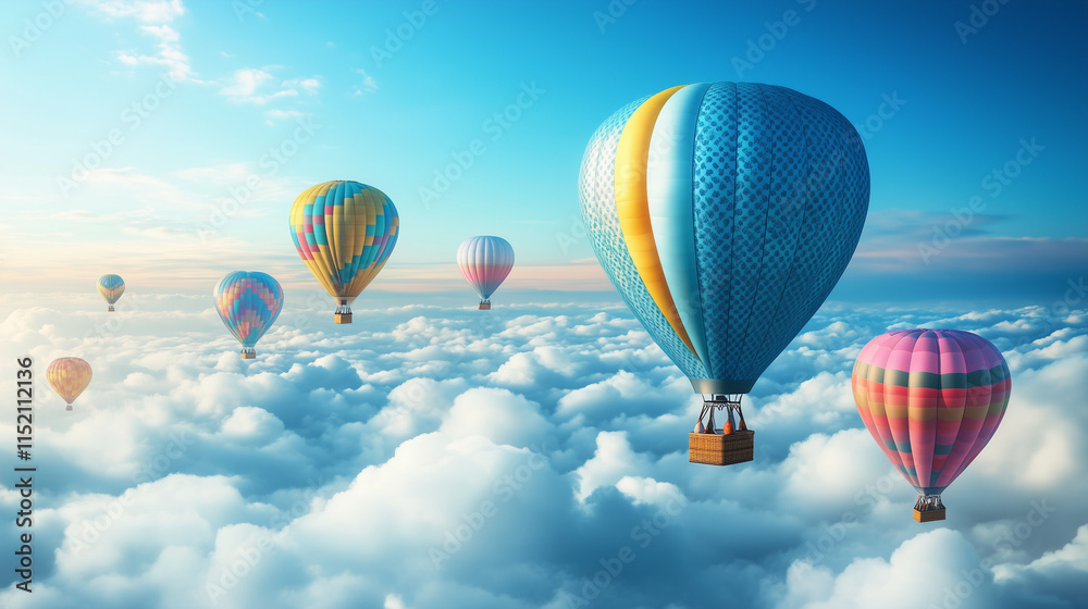 Fototapeta premium Colorful hot air balloons float above the clouds under a bright blue sky