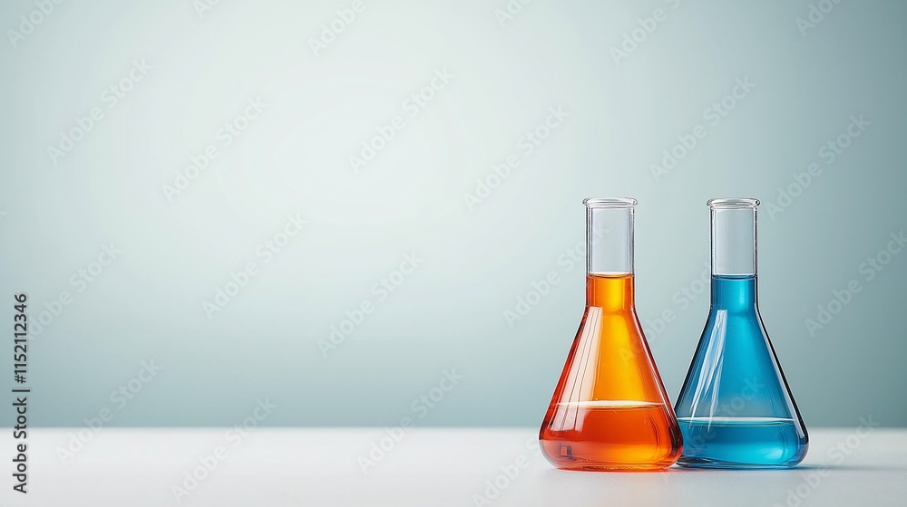 Close-up View of Laboratory Glassware with Bright Orange and Blue Liquids on a Clean Surface, Ideal for Science and Research Themes in Chemical Experimentation Close-up View of Laboratory Glassware with Bright Orange and Blue Liquids on a Clean Surface, Ideal for Science and Research Themes in Chemical Experimentation