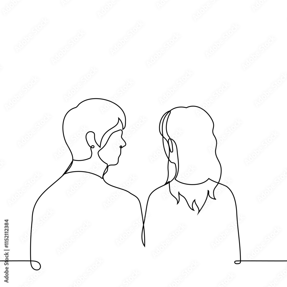 man looking at woman while she doesn't see - one line art. concept male gaze, admiration, peeping, authority, spy, friend, observation man looking at woman while she doesn't see - one line art. concept male gaze, admiration, peeping, authority, spy, friend, observation