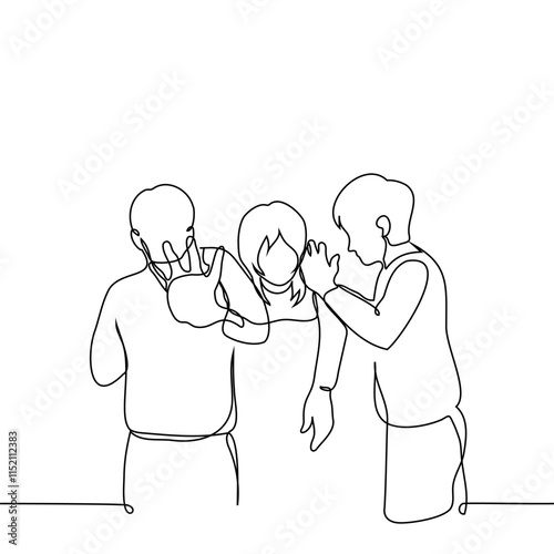 men carry woman away in arms lifting up - one line art. concept kidnapping, metaphor inner demons, dependencies