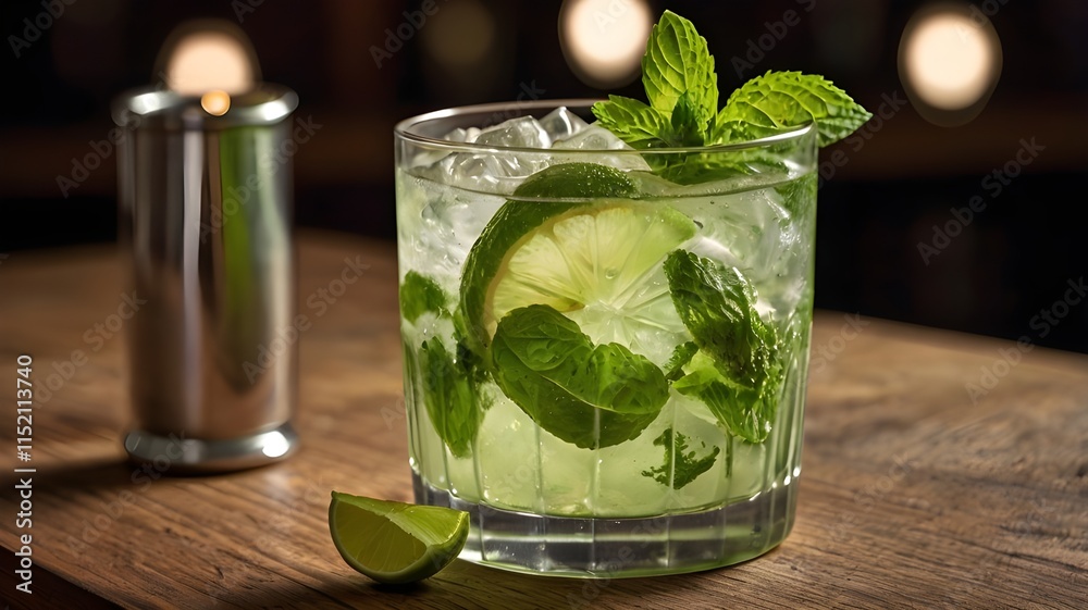 A close-up of a classic mojito cocktail, with fresh lime slices and mint leaves, resting on a wooden bar top.
