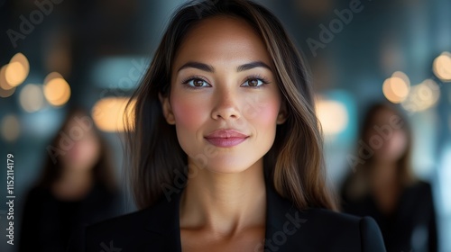 A focused woman in a corporate environment looks directly at the camera, conveying determination and professionalism, with blurred colleagues in the background. photo