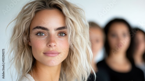 A portrait of a blonde woman with natural freckles, capturing her calm and self-assured demeanor, situated within a softly blurred group background for emphasis. photo