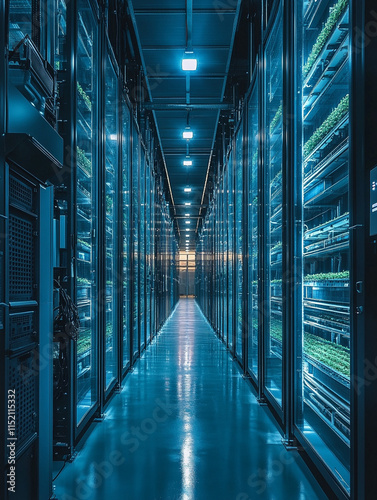 Vertical farming facility with illuminated pathways at night