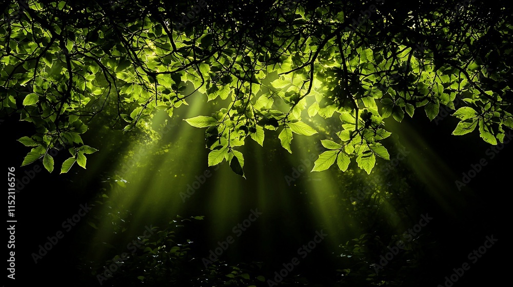 Fototapeta premium Sunbeams filtering through lush green leaves in a dark forest.
