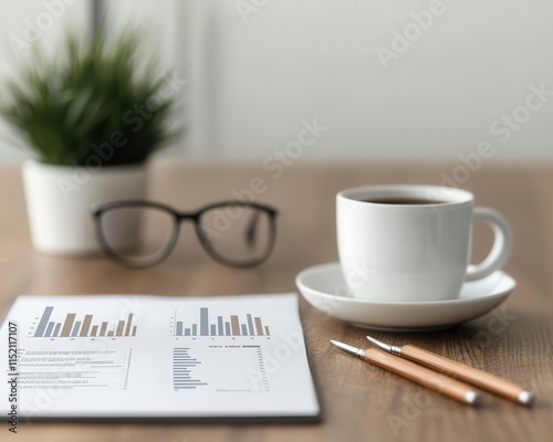 Investment portfolio analysis, charts and graphs on a desk, watercolor style