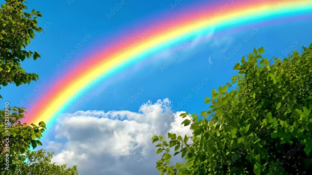 Majestic rainbow arches over lush greenery under clear blue sky during bright daylight