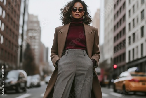 woman in a tailored camel coat paired with a burgundy turtleneck and high-waisted gray wide-leg trousers, walking confidently in a cityscape