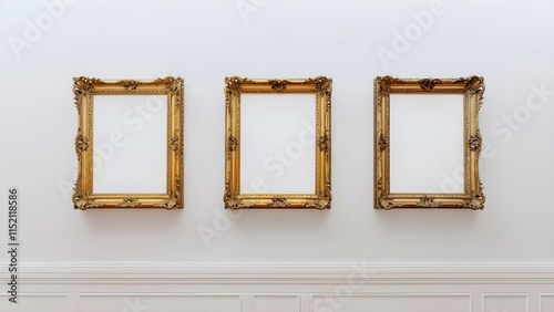 Three golden picture frames on a white wall